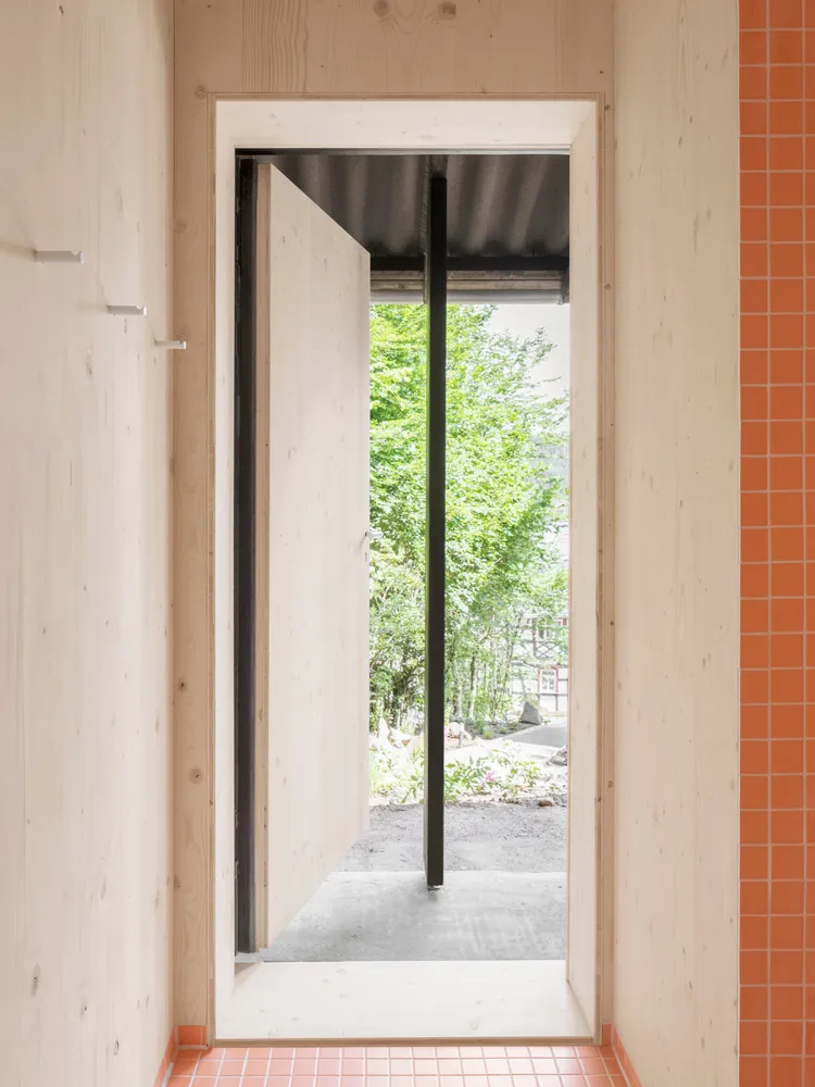 Modern minimalist entryway with wooden walls and a partially open door