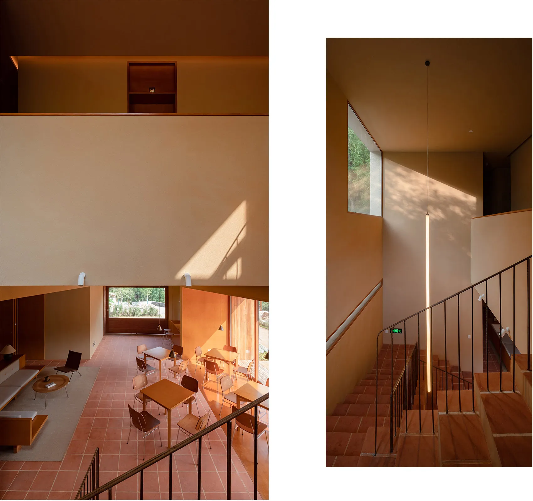 A modern interior space featuring wooden furniture and flooring.