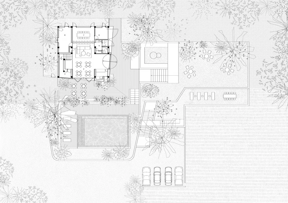 Floor plan of a modern residential home with structural elements, including a living room, dining area, kitchen, bedrooms, ba