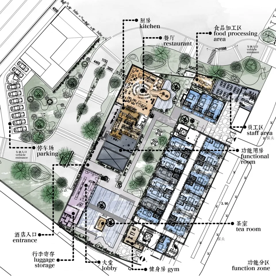工業園區的建築平面圖，顯示各功能區域及其位置配置。