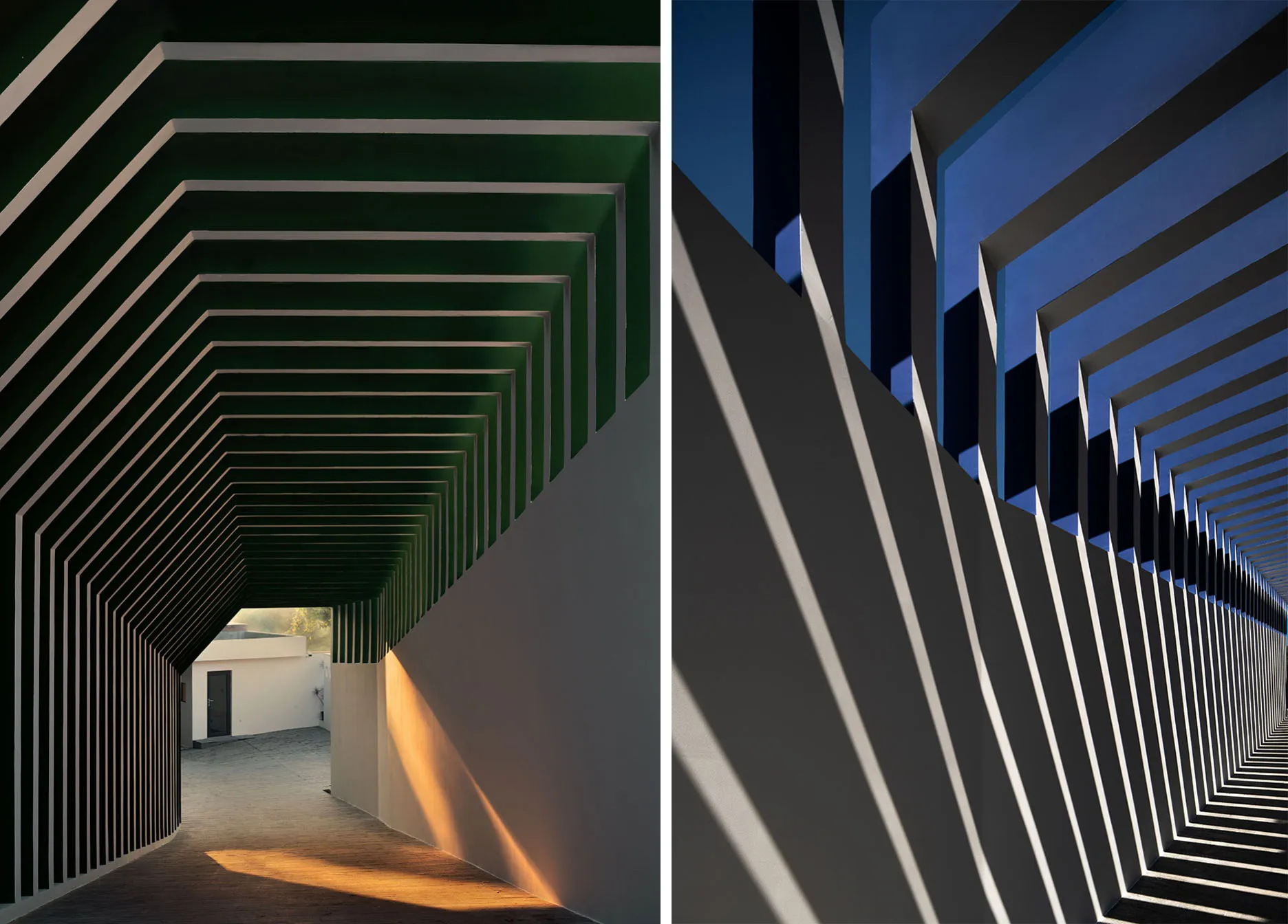 Modern, geometric-patterned corridor with alternating green and white panels creating a tunnel-like effect.