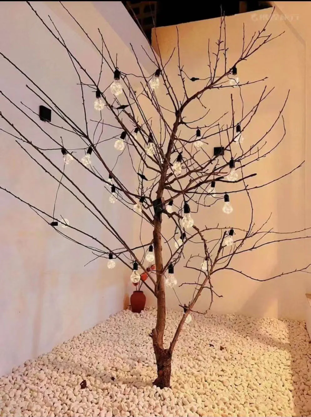 A decorative tree adorned with light bulbs against a white wall background