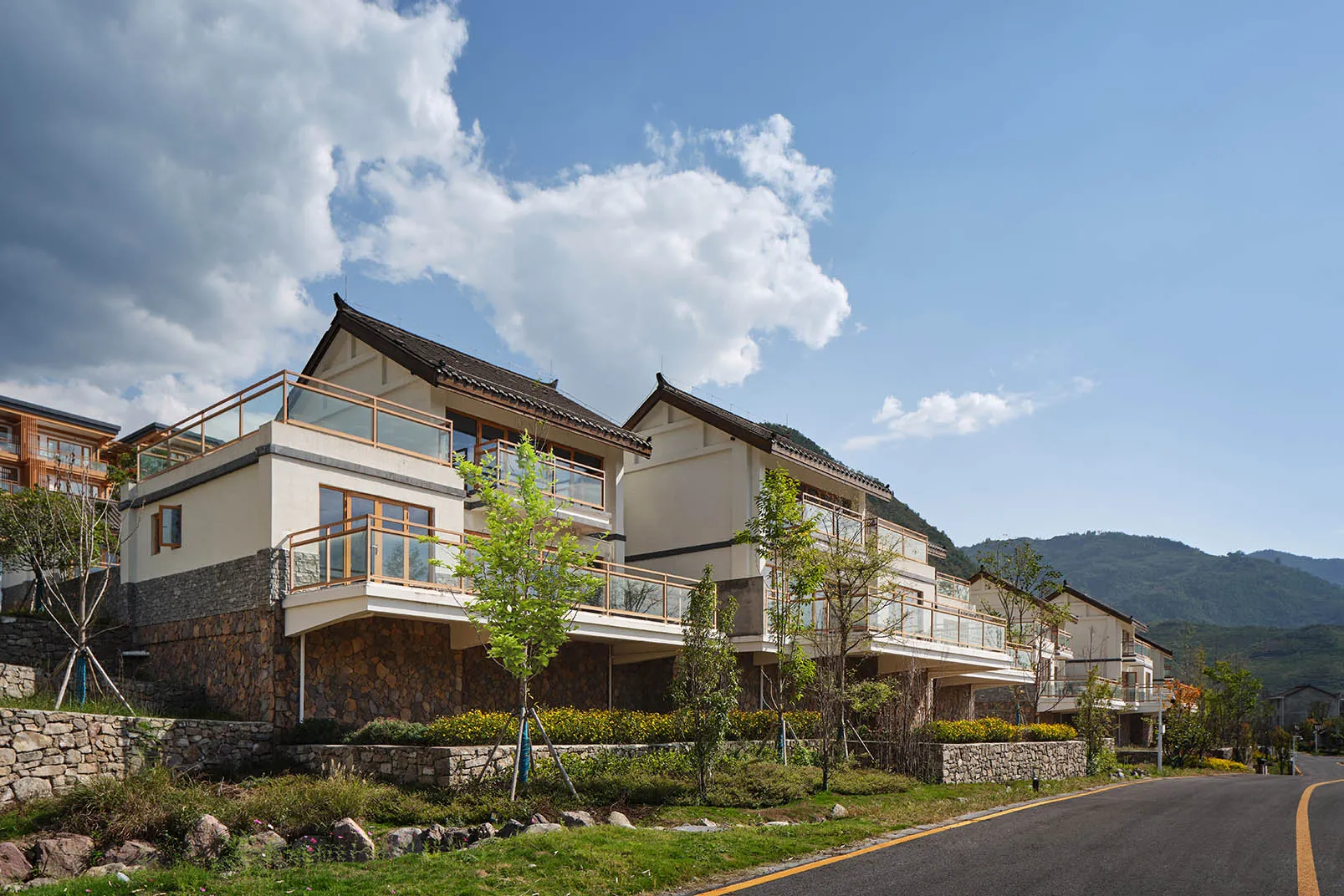Modern residential homes with stone, glass, and wooden exterior designs.