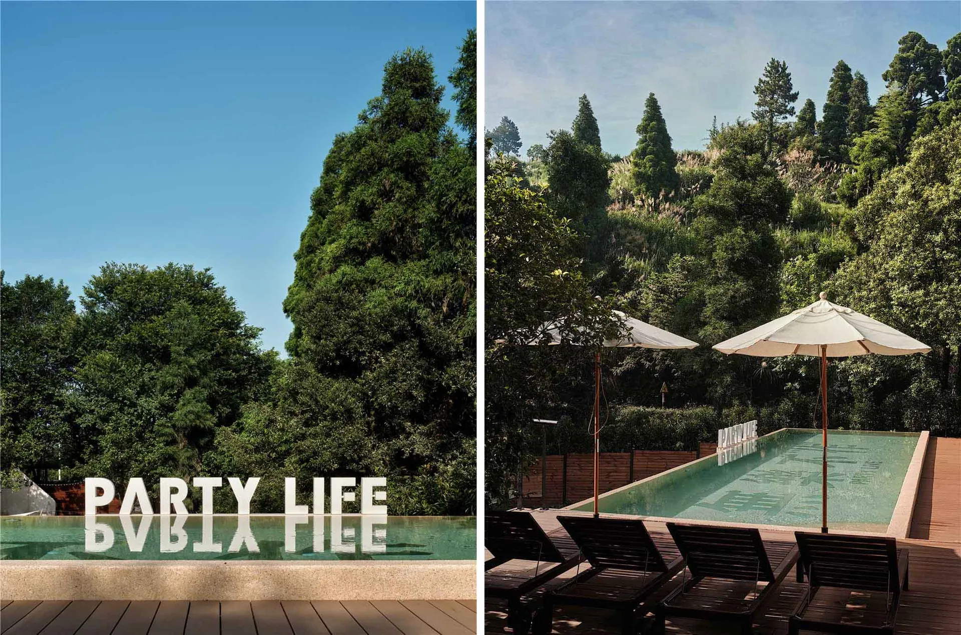 Concrete poolside resort with wooden deck, glass fencing, and lush greenery in the background.