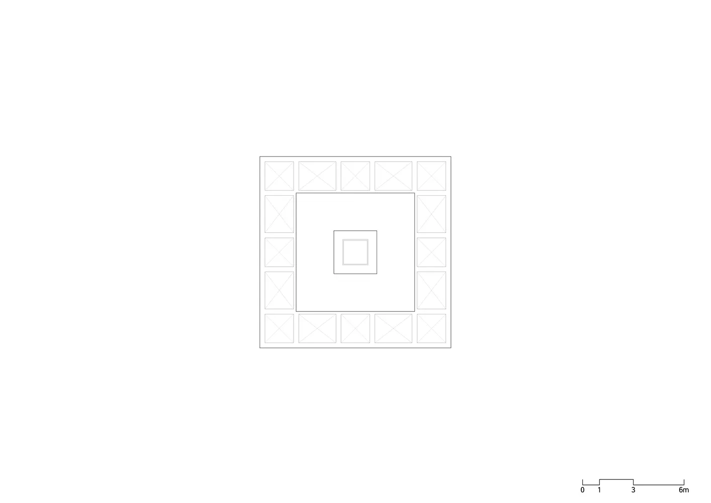 A black and white line drawing of a square architectural floor plan with a central room and surrounding smaller rooms.