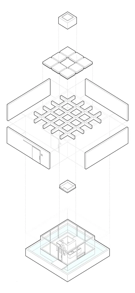 Isometric diagram of a modern building's interior, featuring a glass floor plan rendering.
