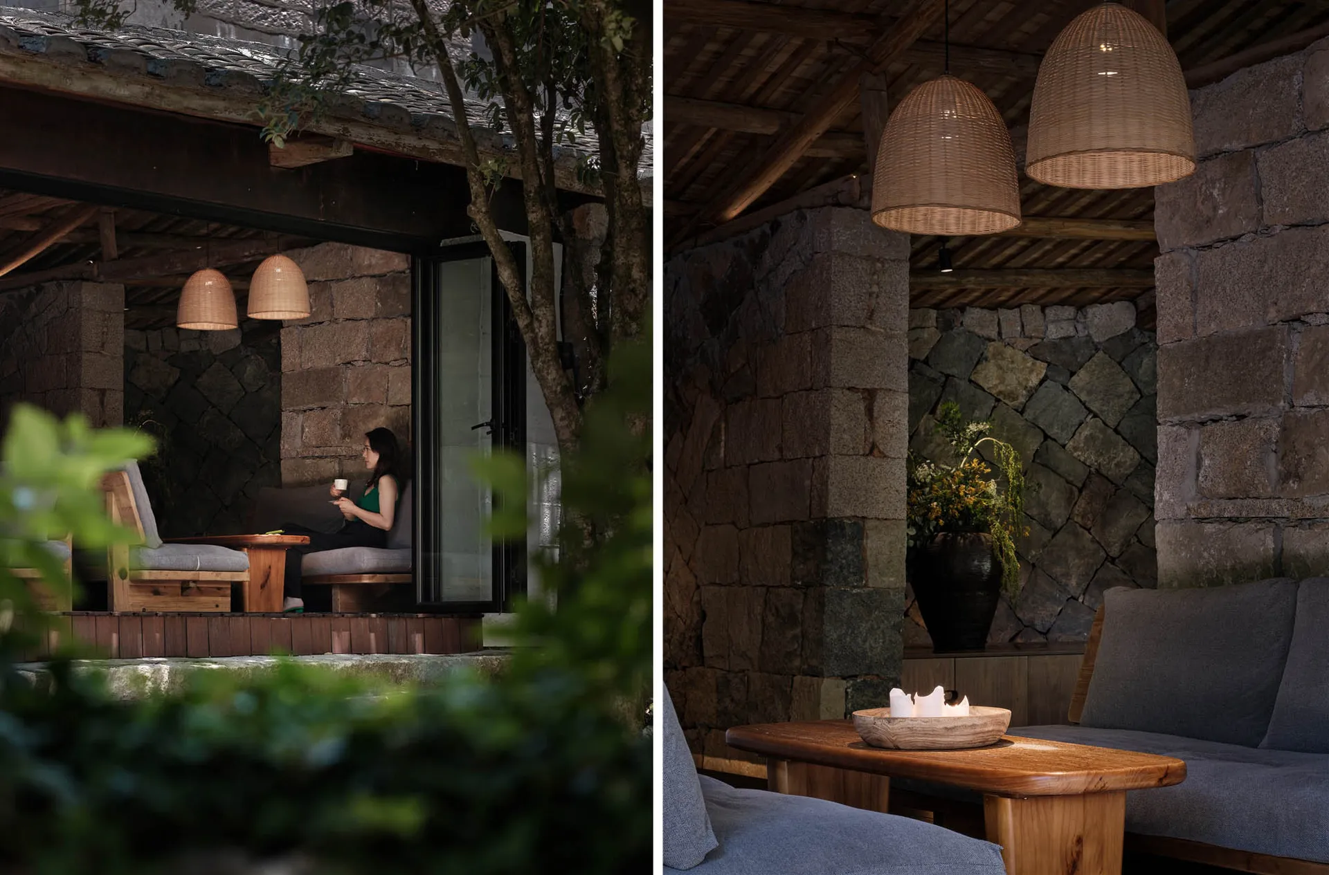 A cozy rustic living room with a wooden sofa, stone walls, and woven pendant lights.