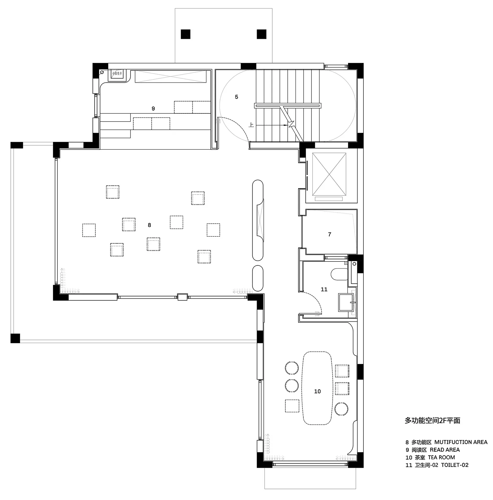 A minimalist floor plan featuring a living area, bedroom, bathroom, and corridor.