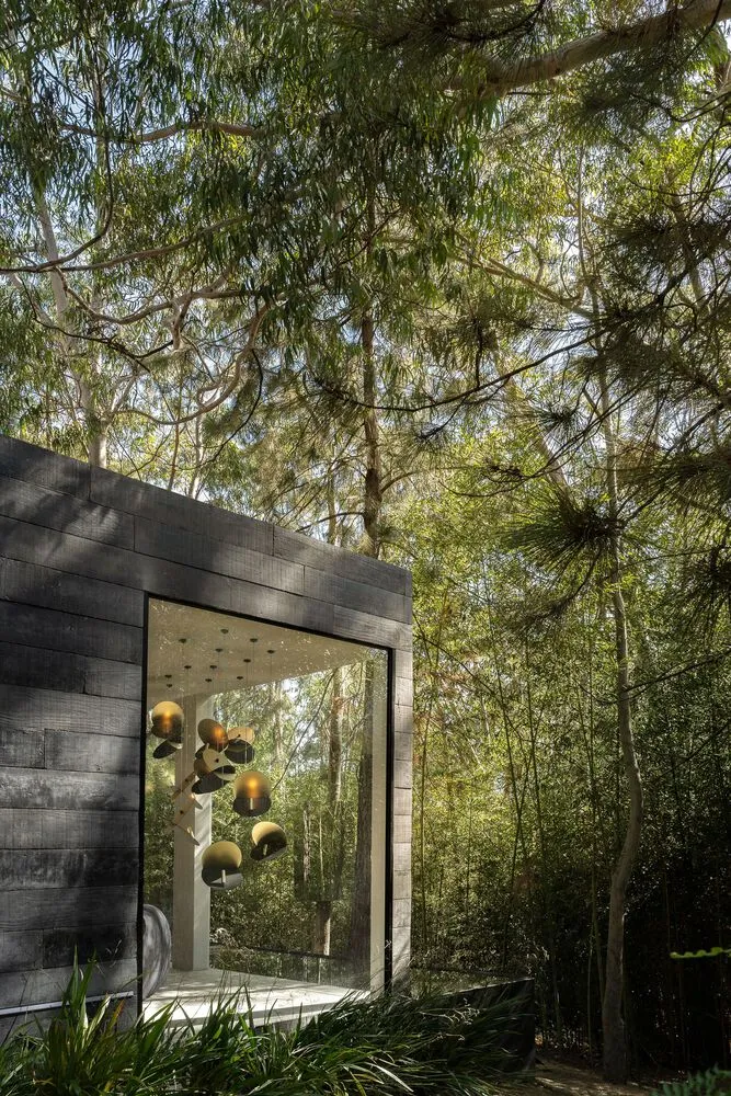 A modern residential exterior made of wood.