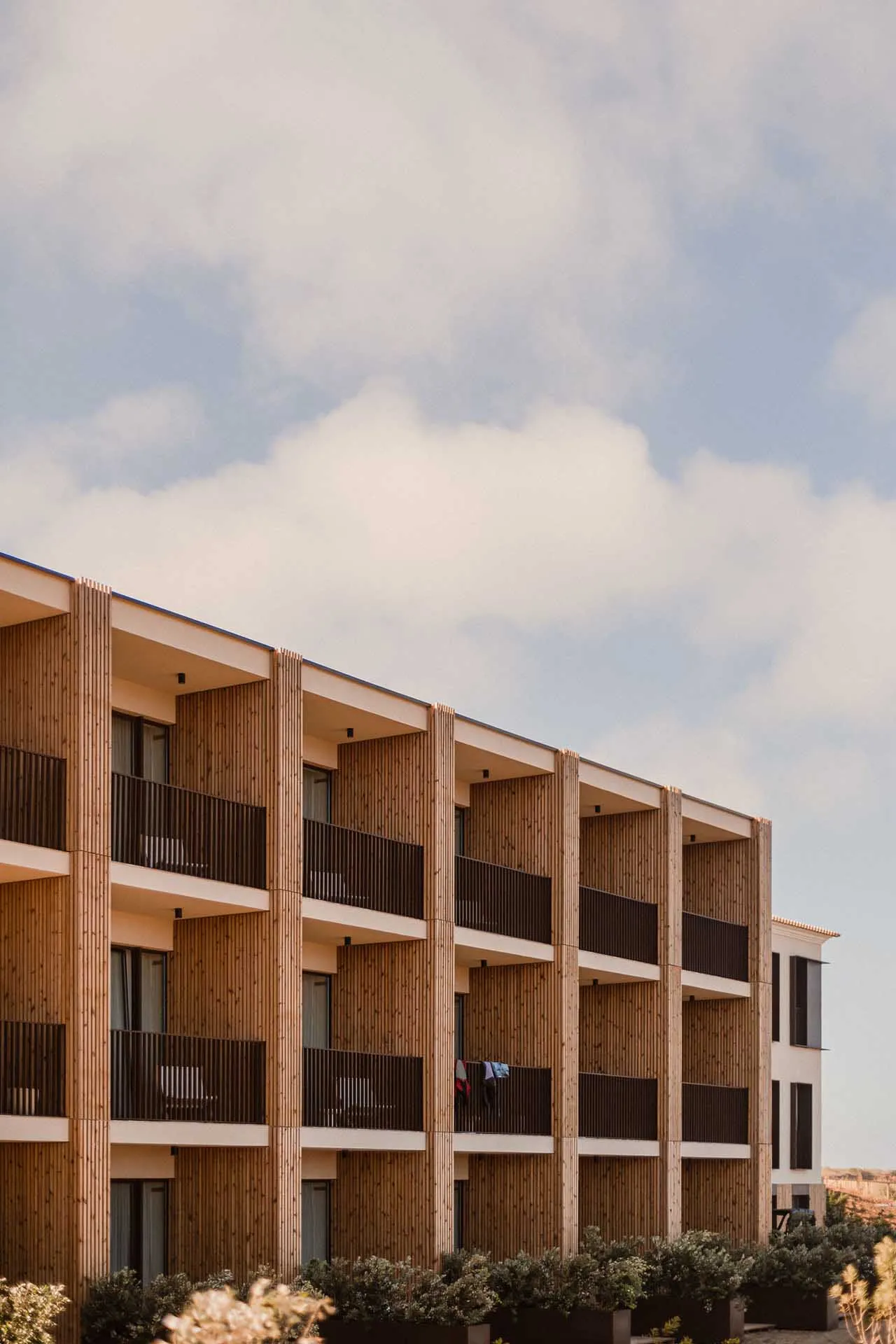 Modern residential building with wood laminate cladding