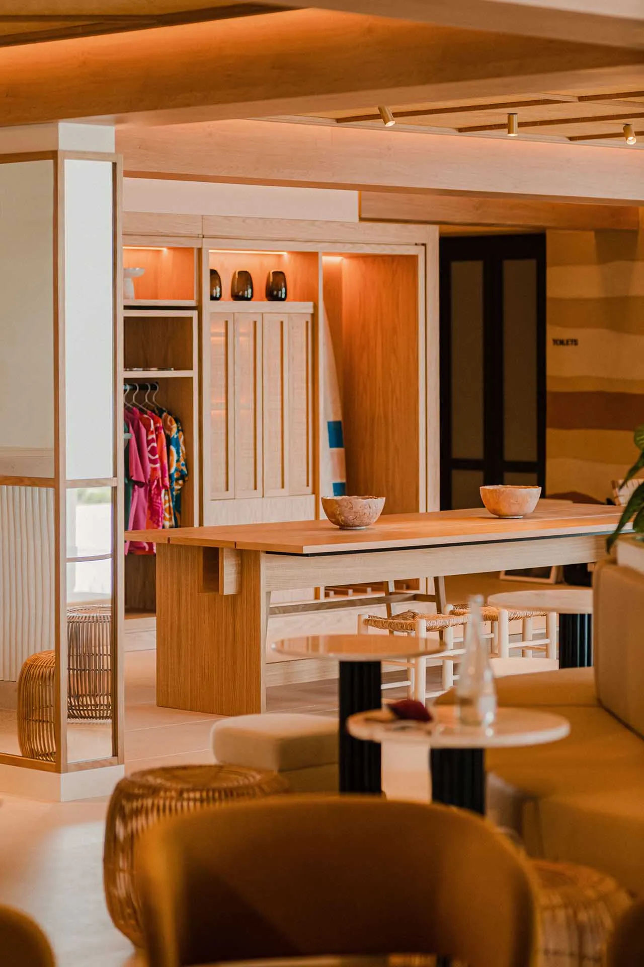 Modern retail storefront featuring wooden elements and a cozy atmosphere