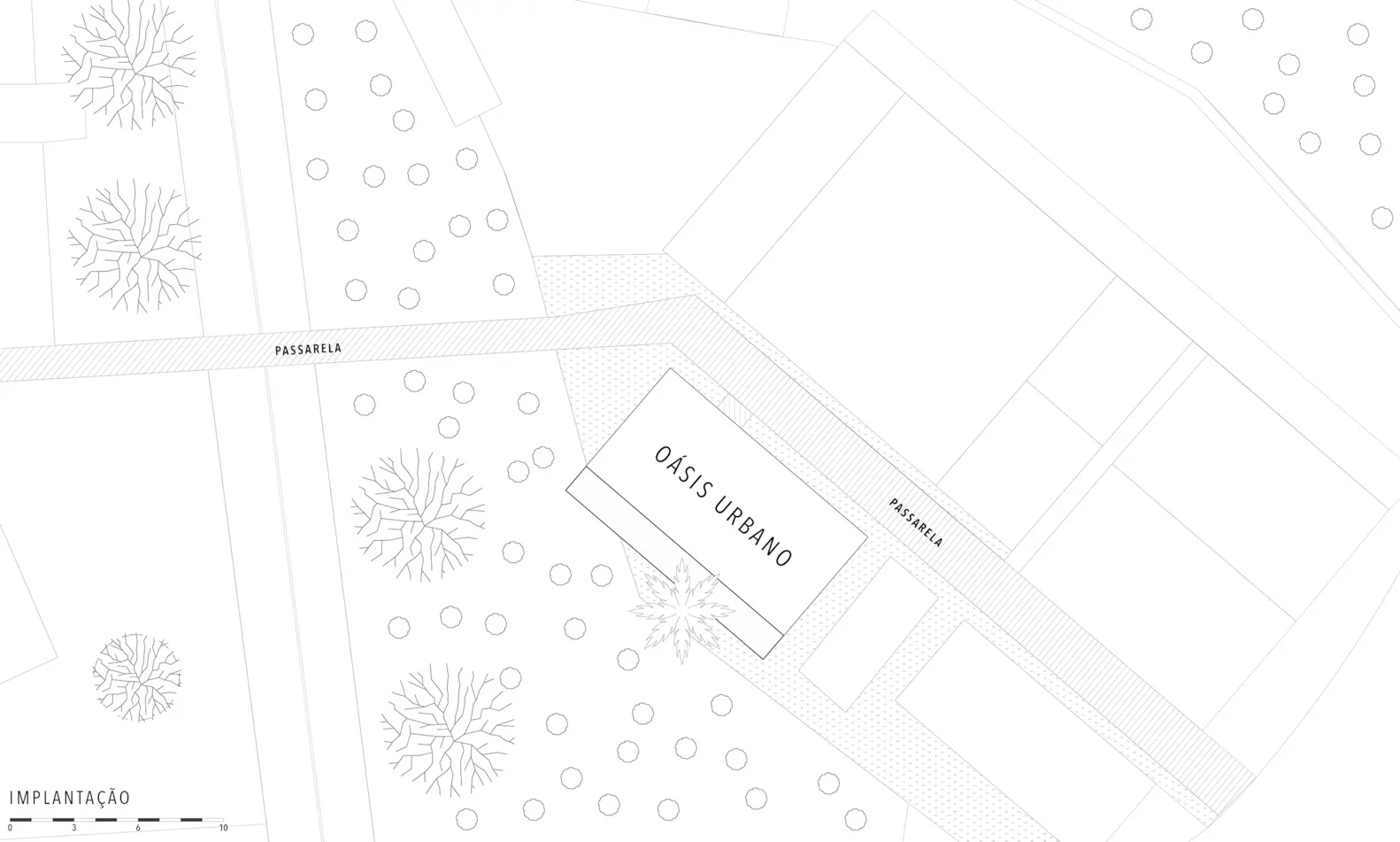 Oasis Urbano 的詳細建築平面圖,展示都市空間組織與景觀元素。