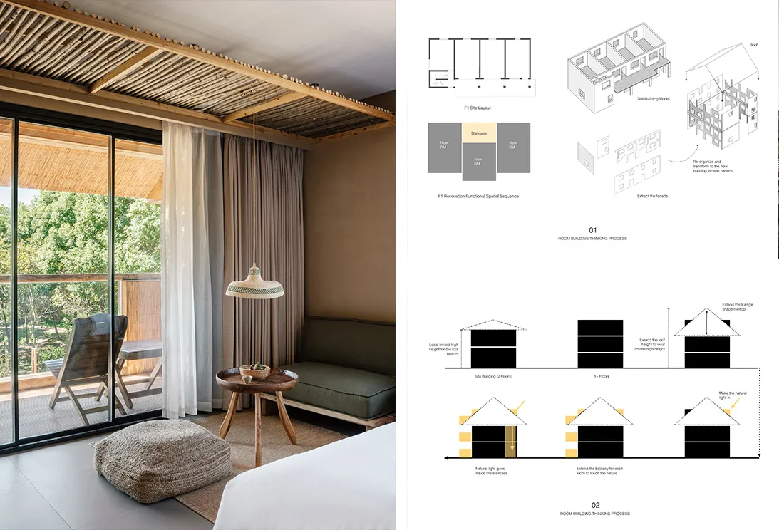 Modern bedroom featuring wooden materials and a comfortable seating area with a view of nature.