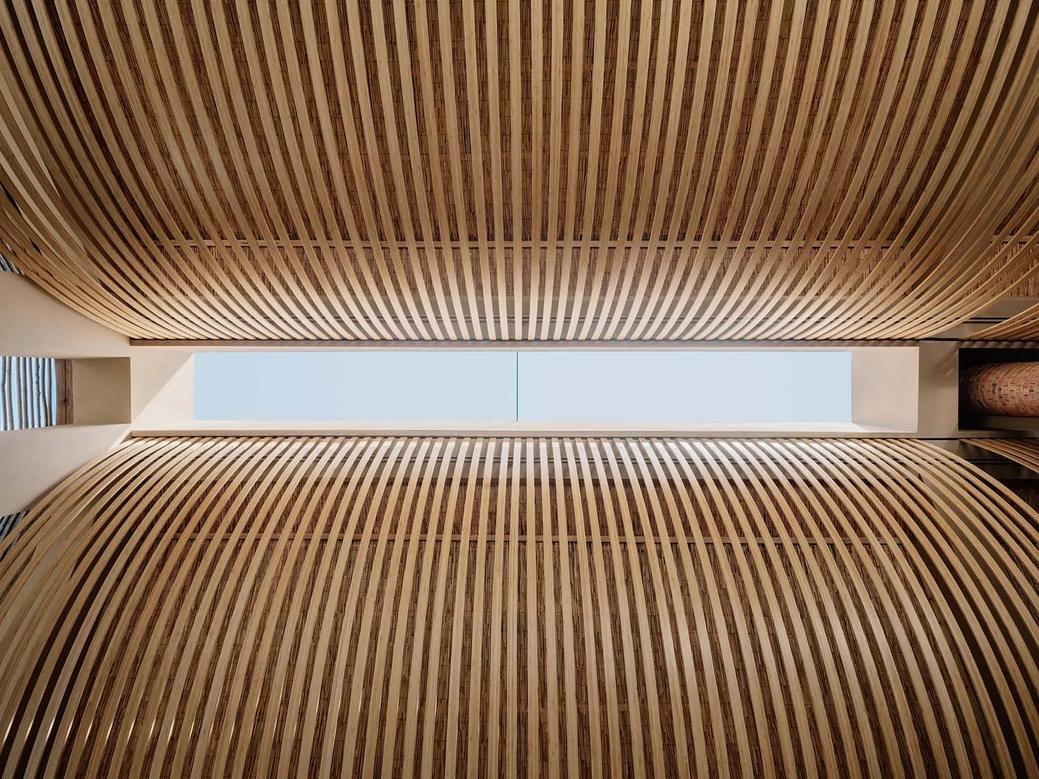 A detailed view of modern, curved wooden paneling within an architectural structure.