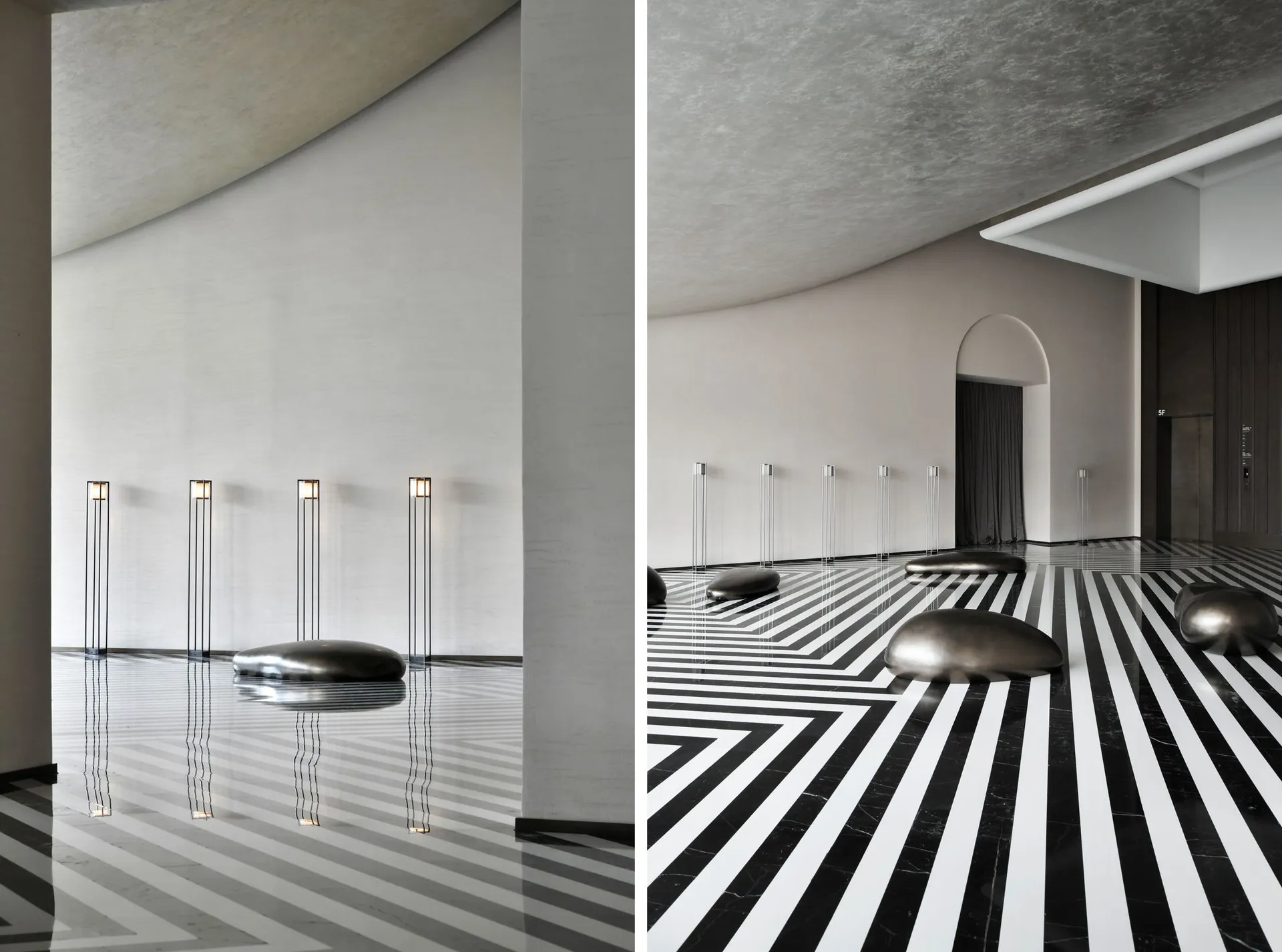 Modern lobby with sleek, geometric marble floors and contemporary lighting fixtures.