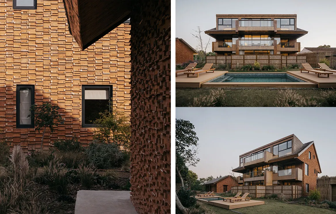 A modern house with a wooden exterior and a pool in the backyard.