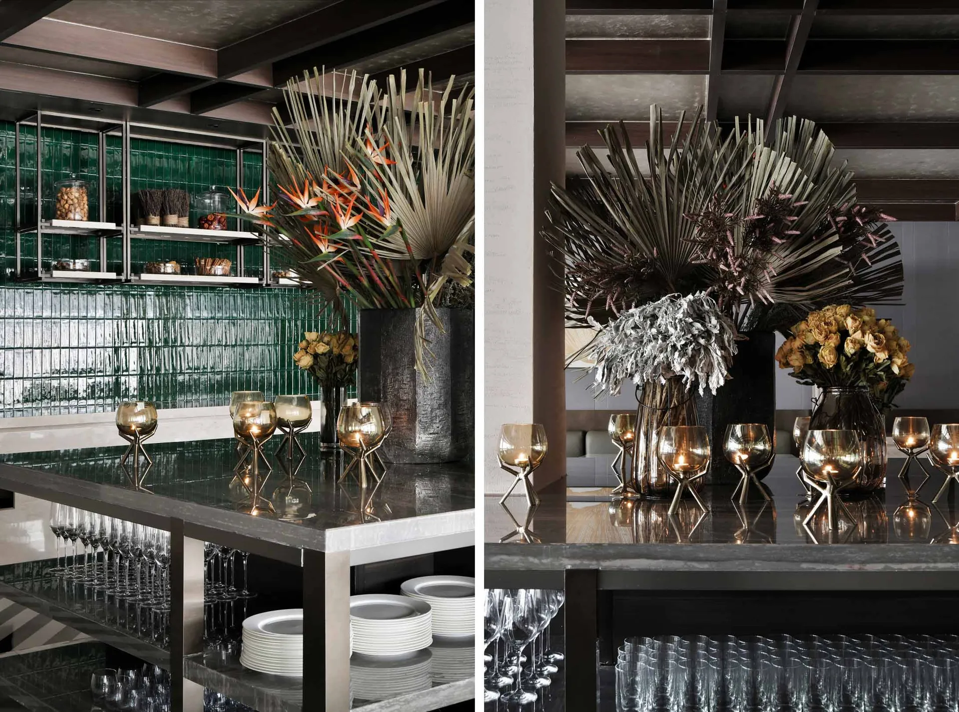 Modern bar interior with glass shelves, metal accents, and decorative metal plants.