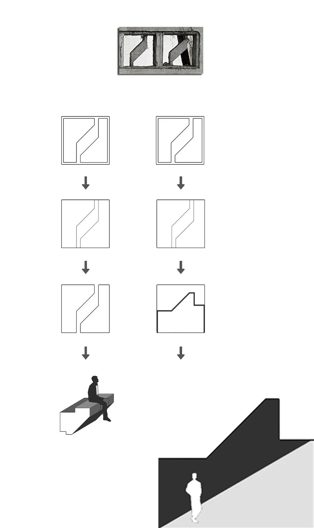 A sequence of architectural sketches and annotations illustrating the design process.