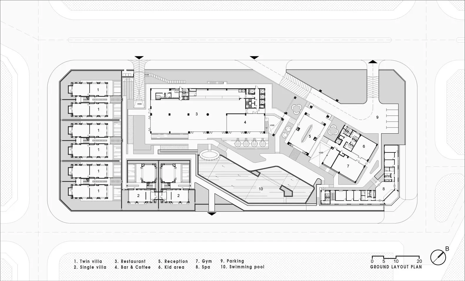 Modern residential complex layout with concrete, glass, and metal materials.