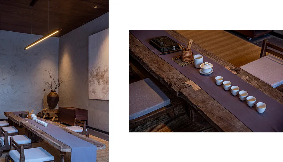 A modern tea room featuring wooden furniture and minimalist design.