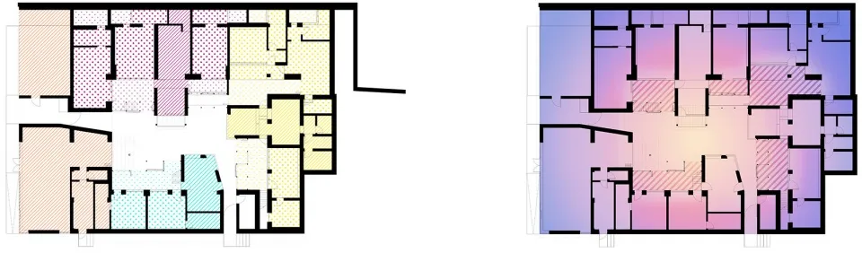 一張詳細的二維建築圖,呈現建築物內各房間與區域的色彩標示配置。