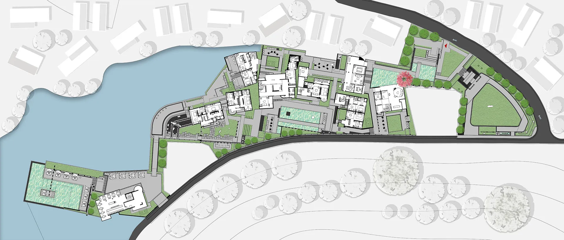 A detailed architectural plan of an institutional campus, showcasing various buildings and their interconnected paths.
