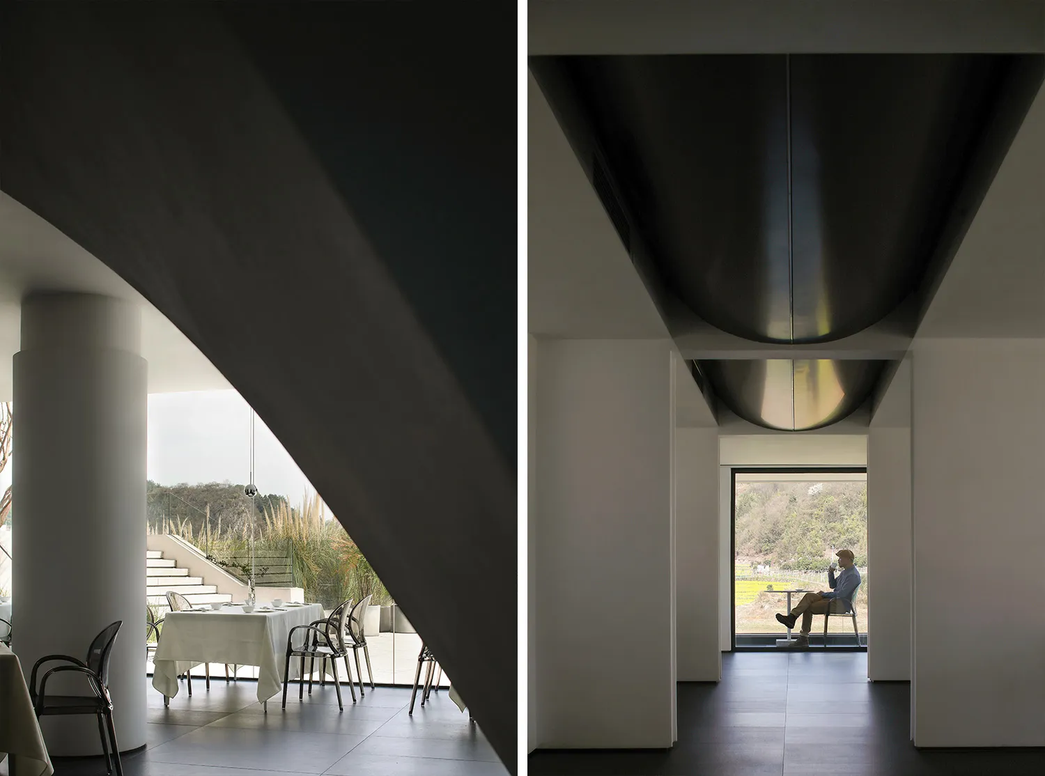 An interior design featuring minimalist architecture with black and white color palette.