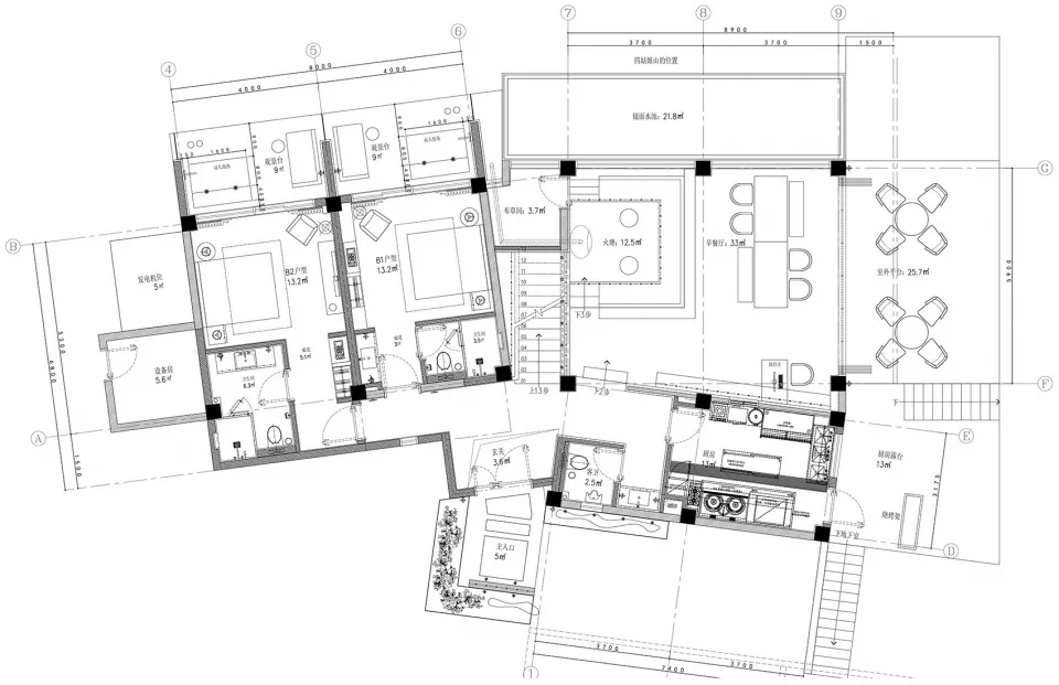 一張細膩的現代住宅 2D 建築平面圖。