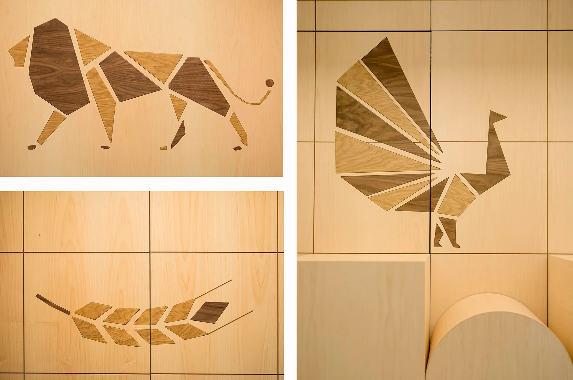 Wooden patterns on a wall in architectural space