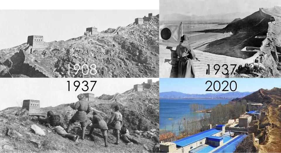 Historic Great Wall of China viewed from different angles and periods, showing its evolution and preservation.
