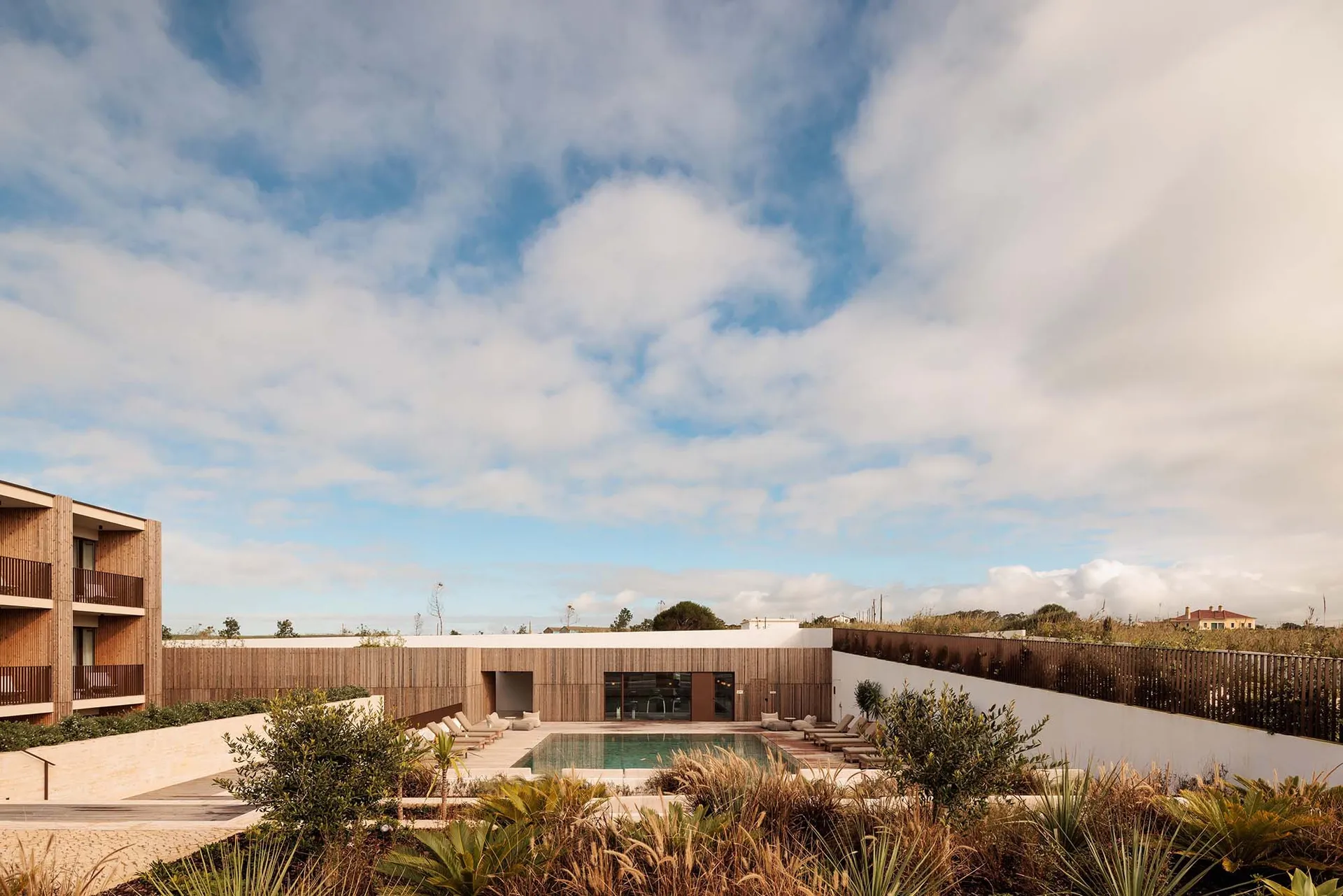 Modern architectural design featuring a swimming pool surrounded by concrete and surrounded by lush green plants.