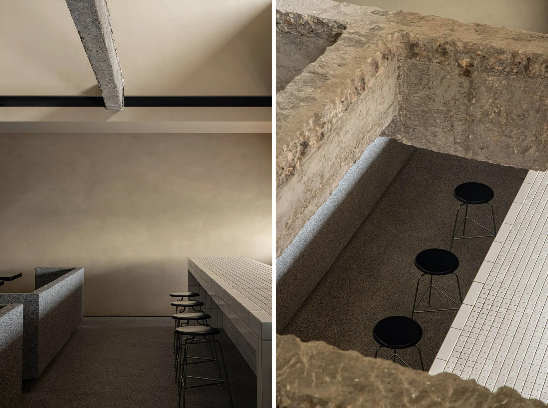 Modern interior design featuring a concrete bar counter with stools