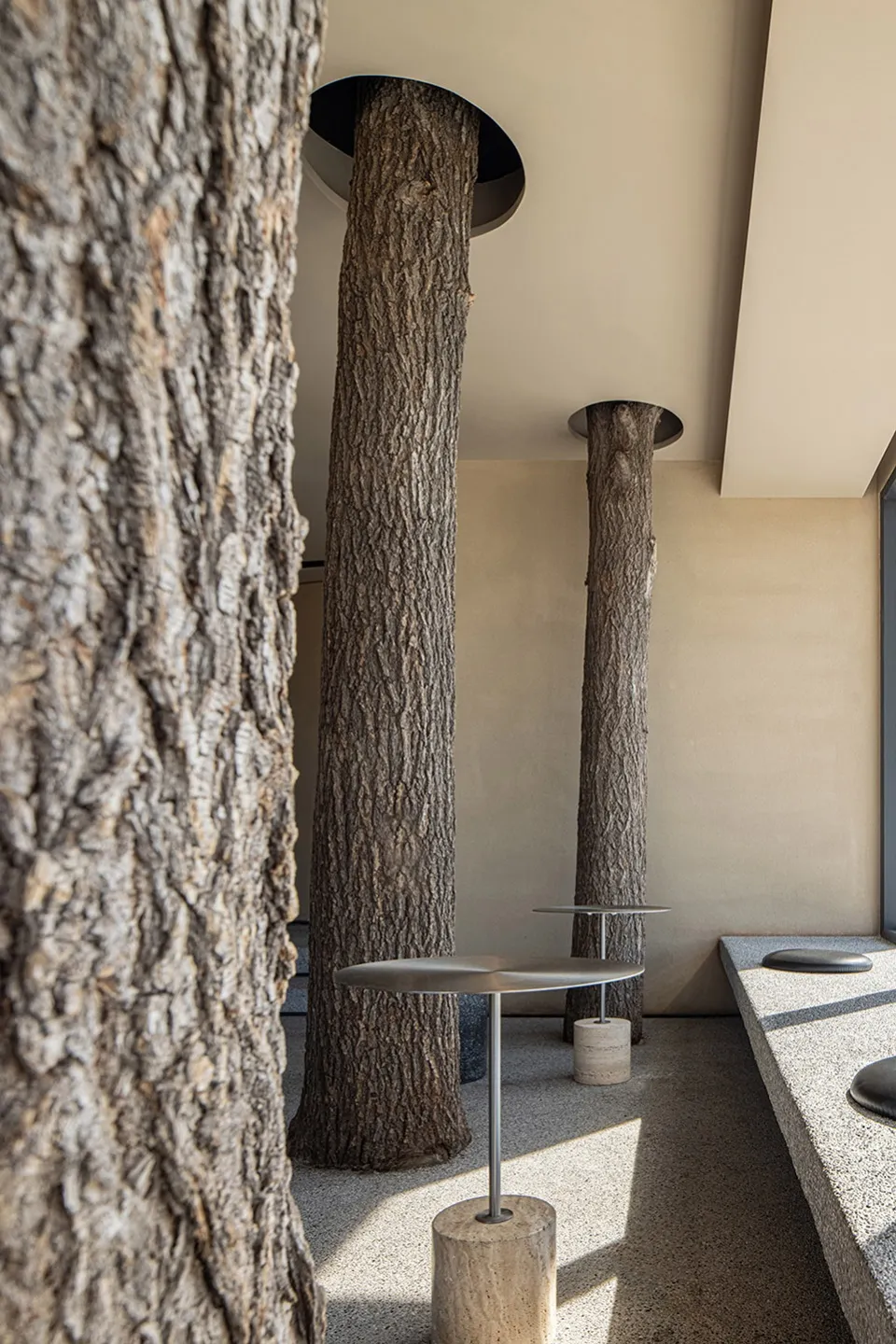 Modern cafe interior with tall concrete columns, minimalist furniture, and a naturalistic touch.