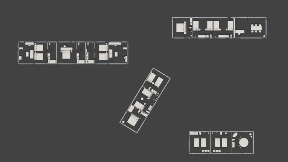 A floor plan of a lodging space, showing various rooms and spaces.