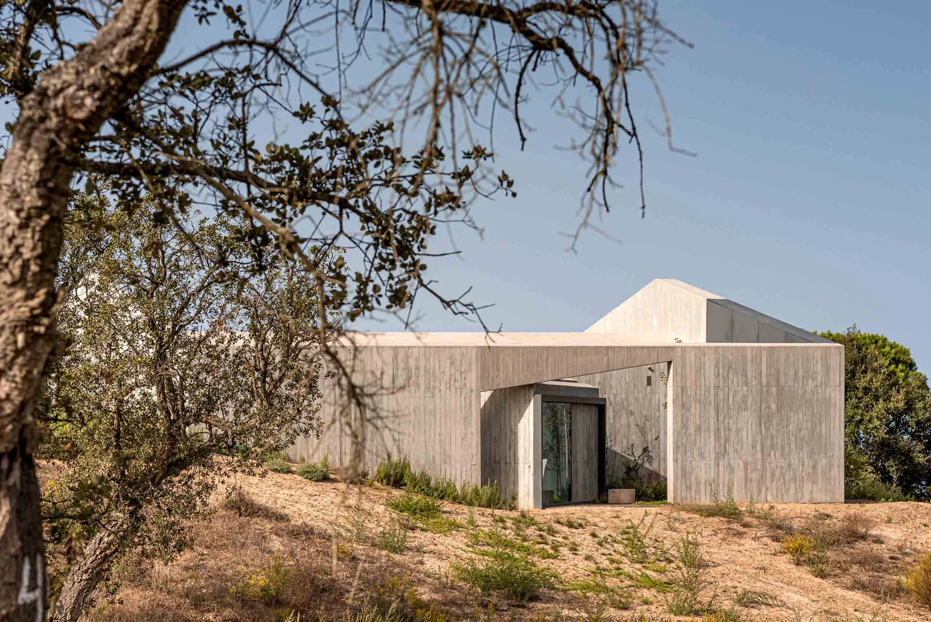 A modern house made of concrete with a minimalist design, surrounded by trees and vegetation.