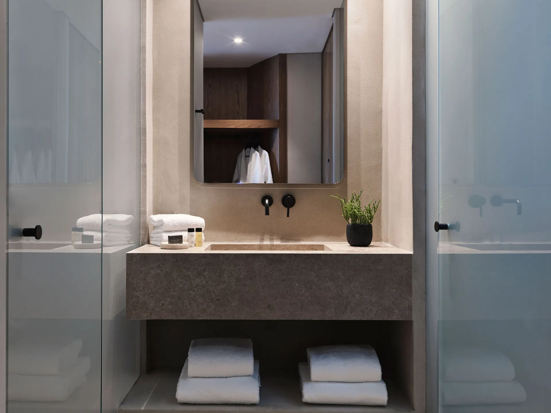 Minimalist bathroom with concrete countertop, white towels, and a green plant.