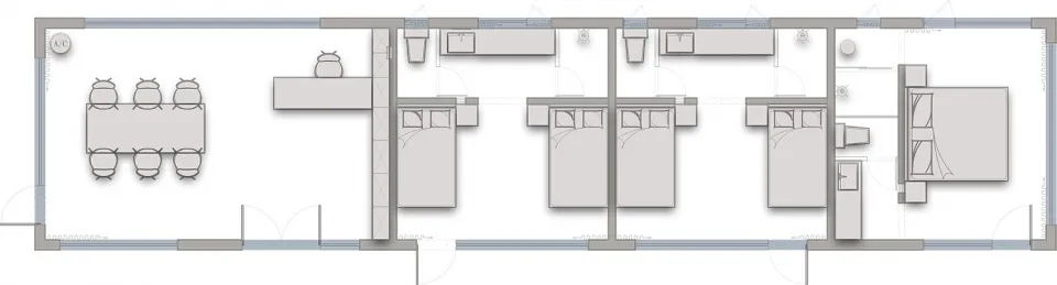 A minimalistic bedroom layout with four beds, a dining area, and various furniture pieces.