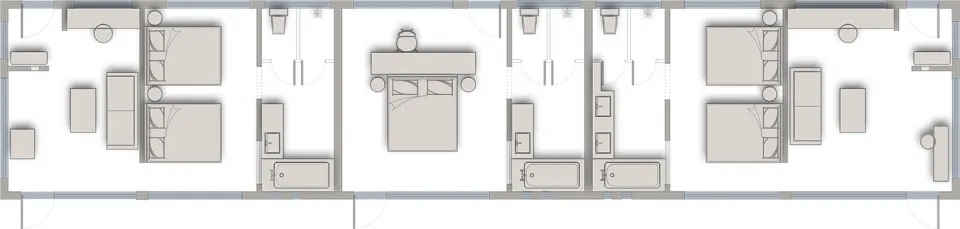 A minimalist residential floor plan showing bedrooms, bathrooms, and living spaces.