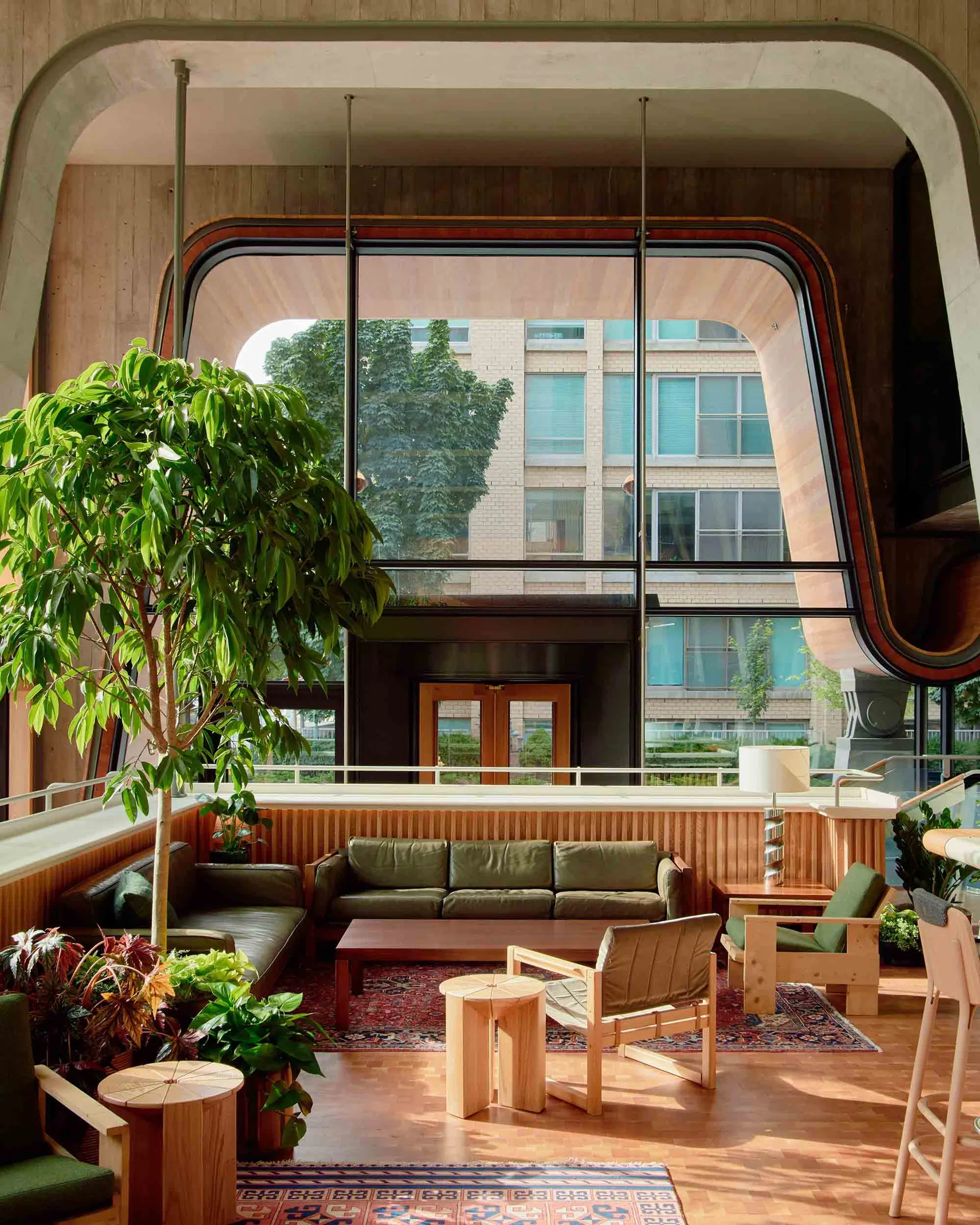 Modern living room with wooden elements, large windows, and green plants.