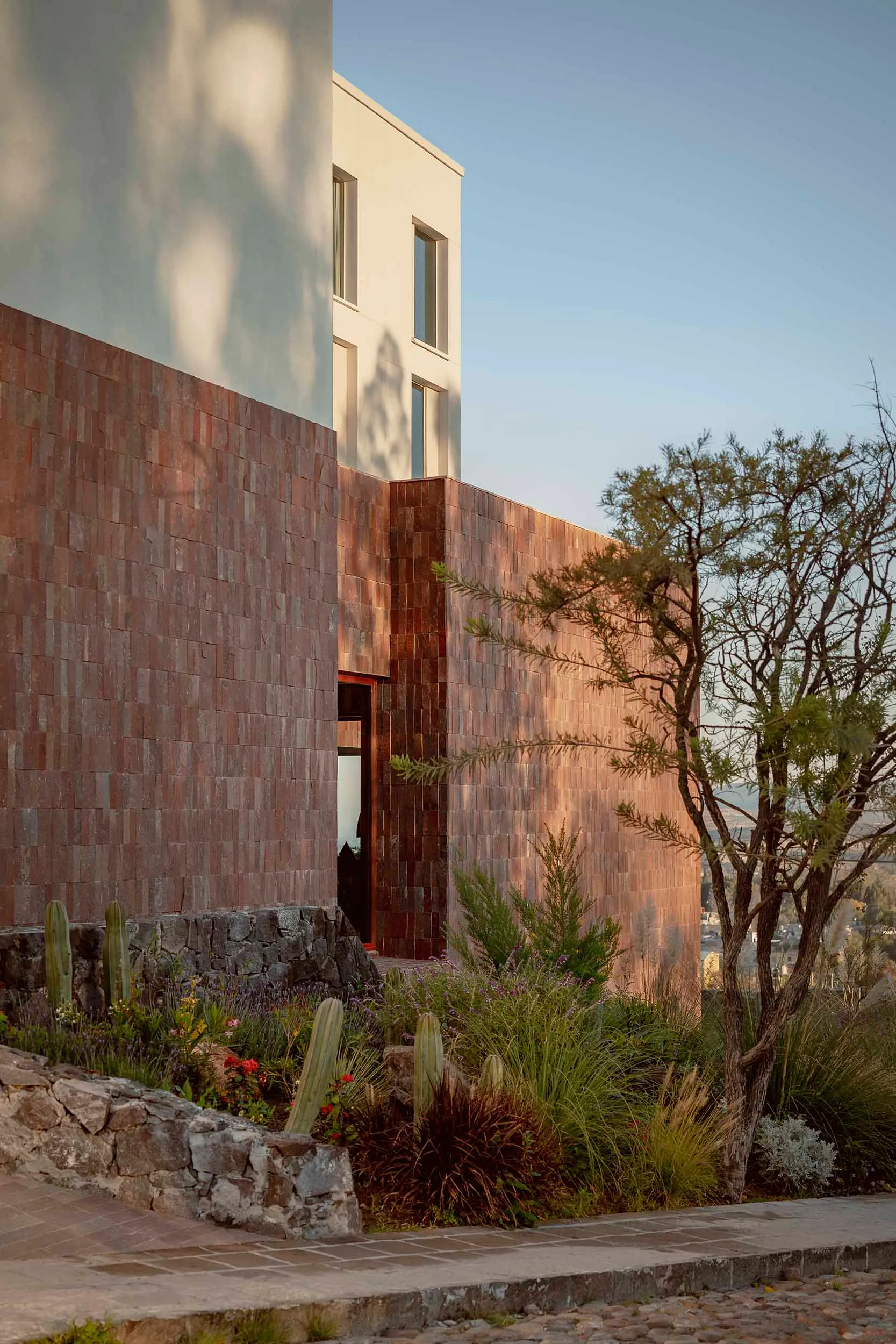 Modern residential exterior featuring clay tiles and concrete materials.