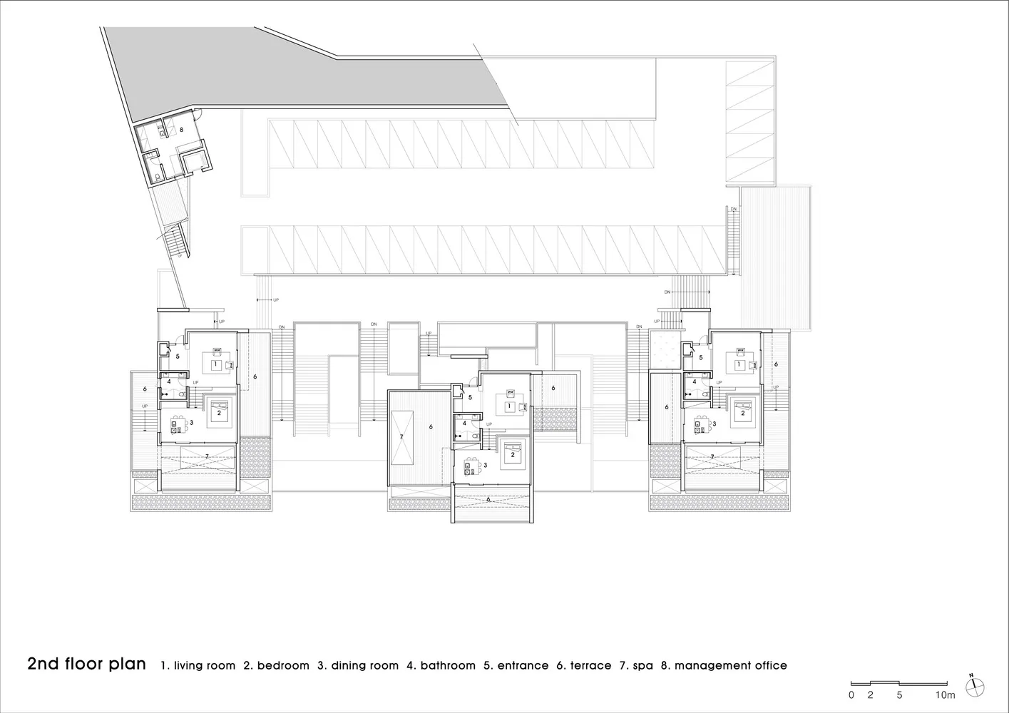 2nd floor plan of a building with labeled rooms and spaces.