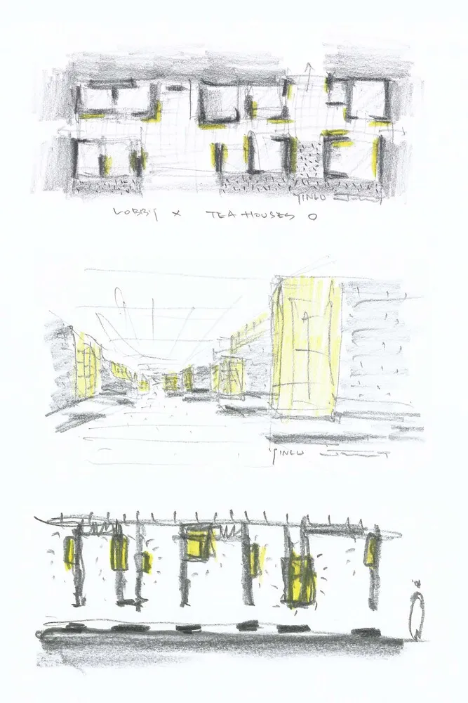 Sketch of an industrial-style tea house interior with luxury features.