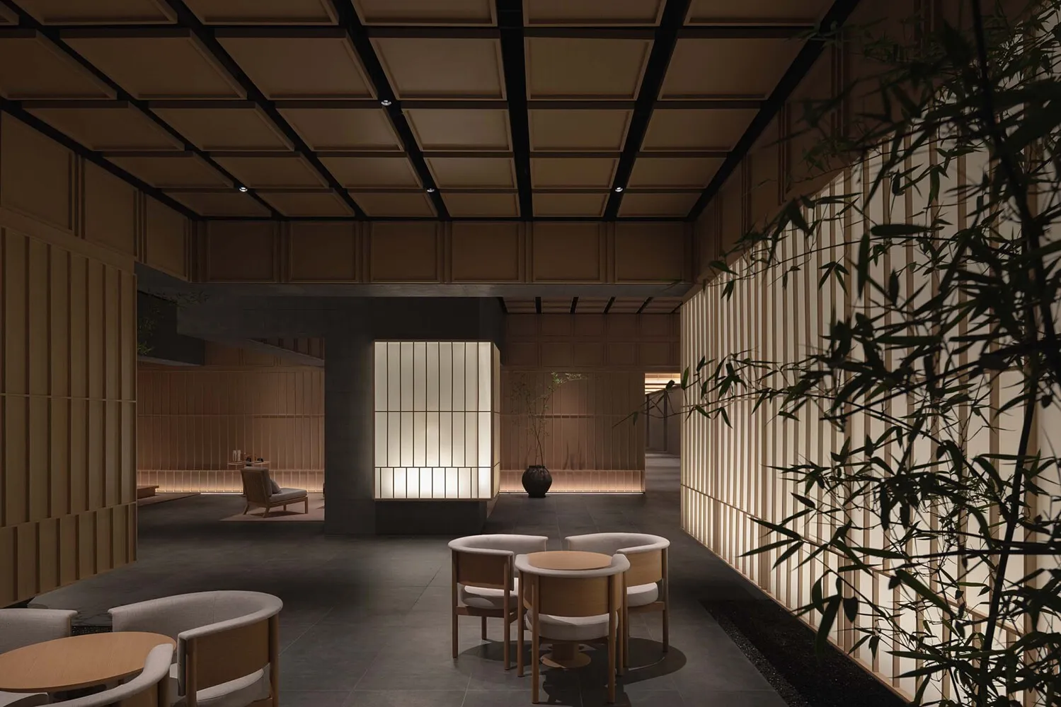 簡約餐廳室內，搭配深色木質細節與柔和燈光