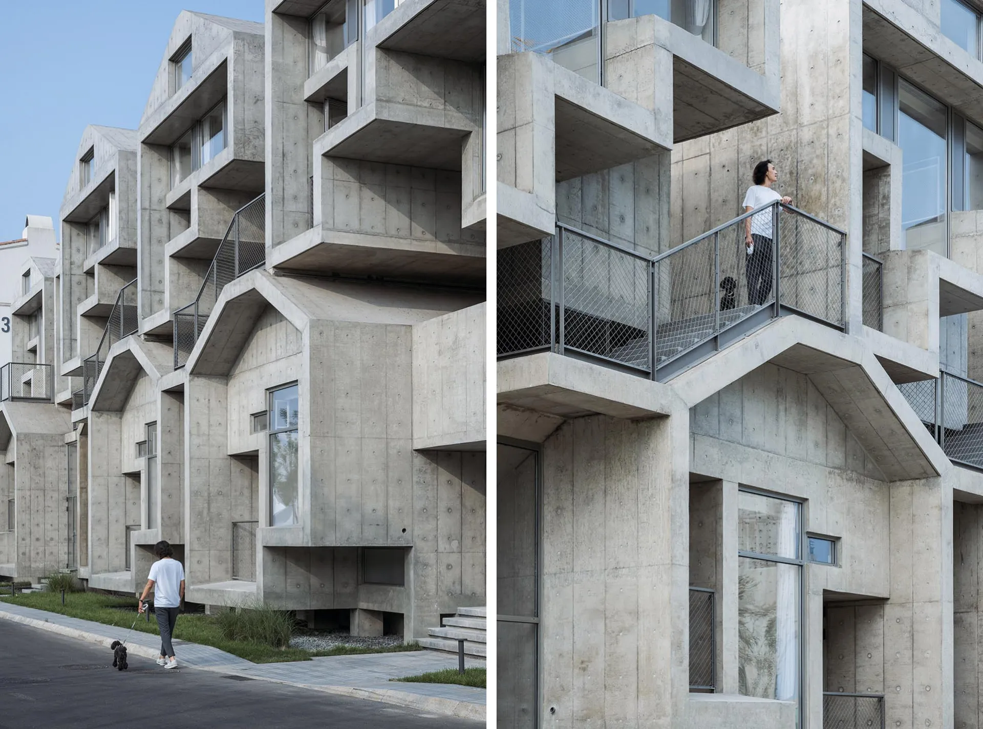 現代住宅建築,外牆採用混凝土材質,並設有多個陽台。