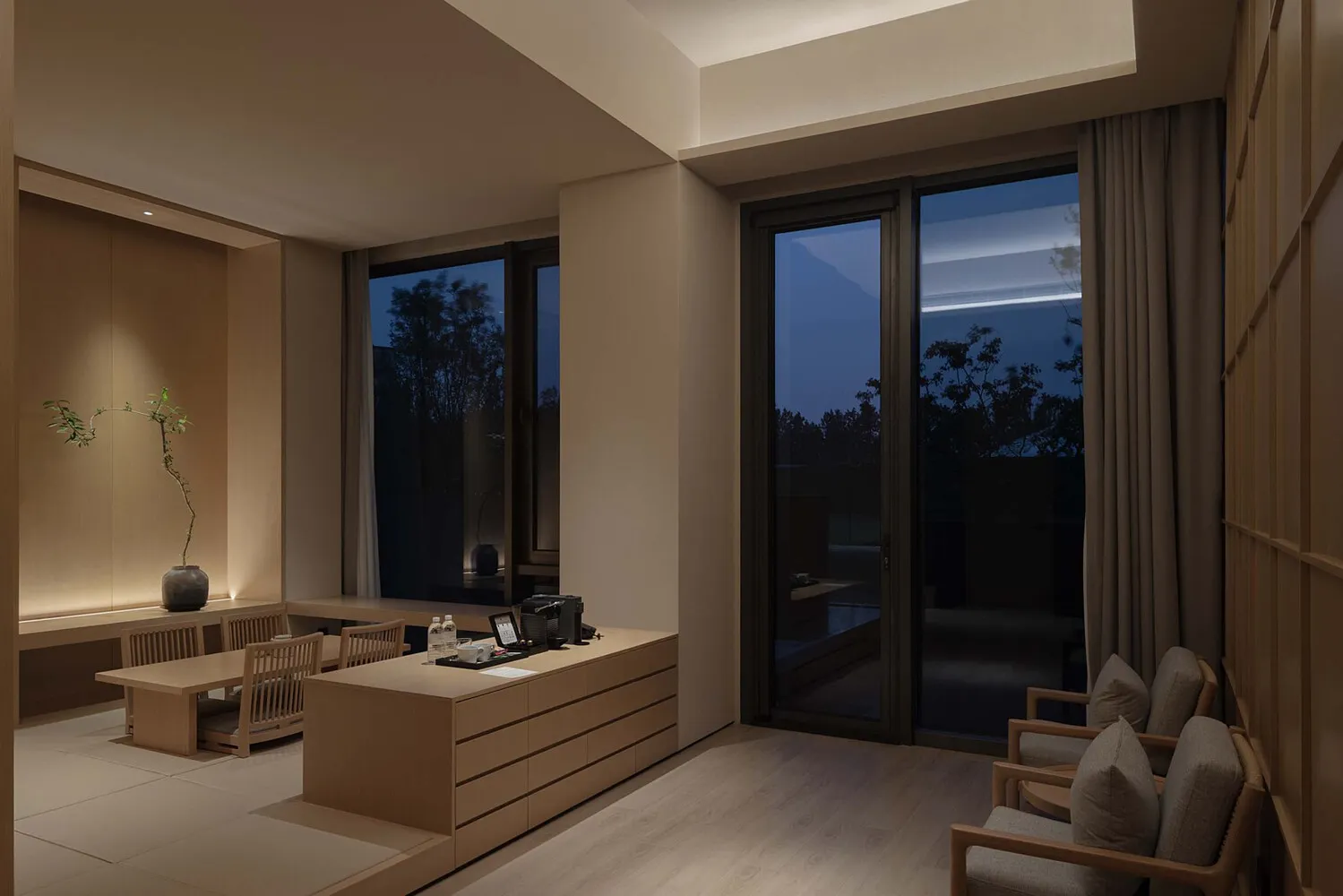 A modern residential space featuring wood elements.