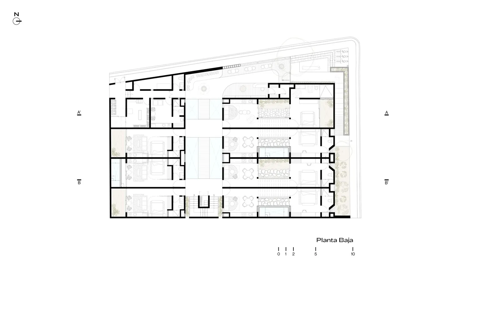 2D technical drawing of a modern residential floor layout with concrete, glass, and steel materials.