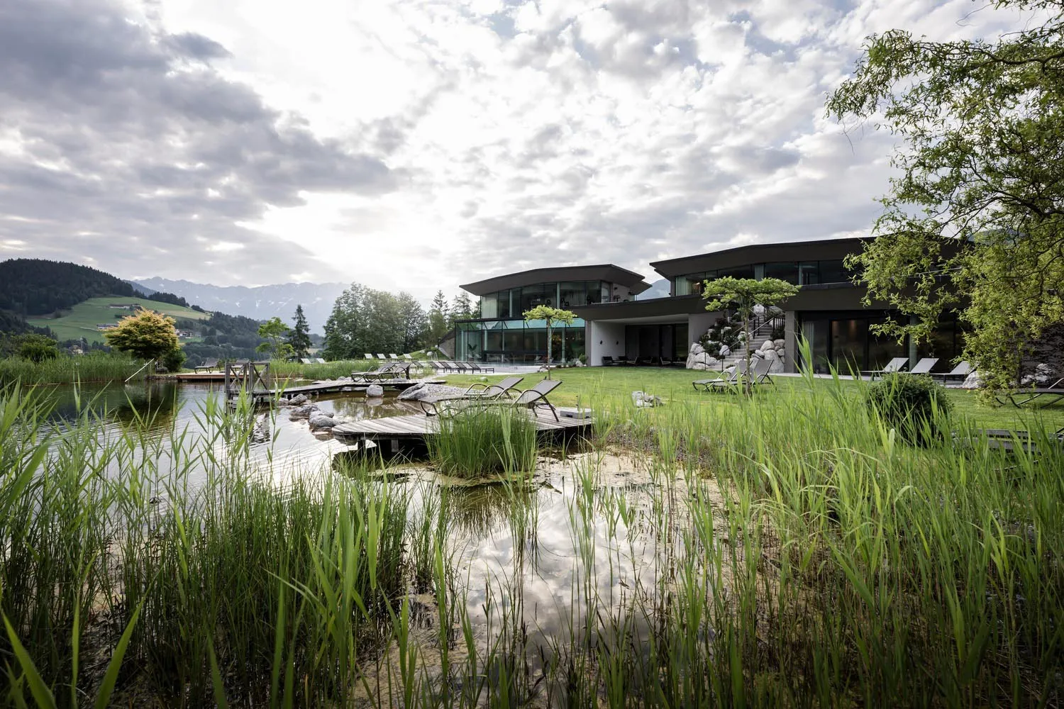 Modern residential building with greenery and stone glass