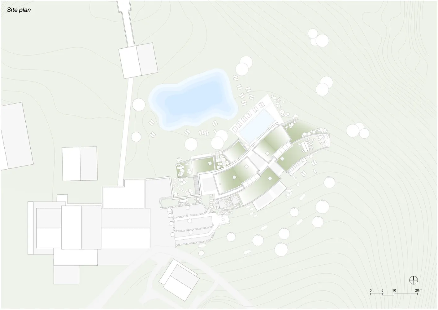 一張詳細的地形圖，顯示建築物、構造物與植被，以白色呈現在淺綠色背景上