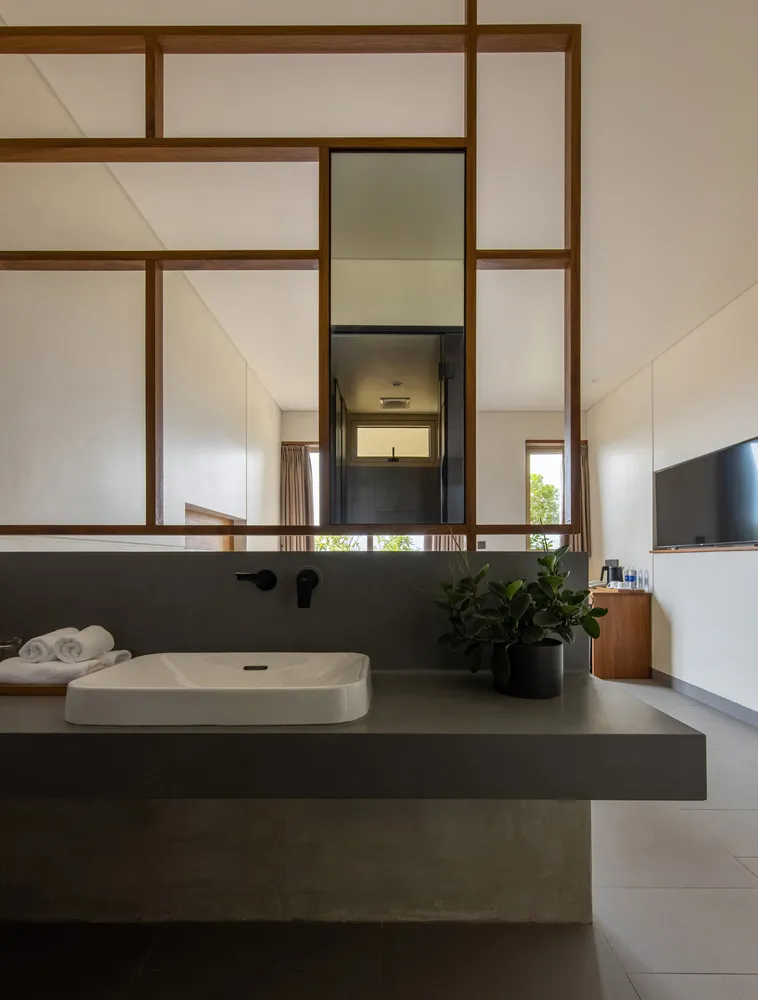 A minimalist bathroom featuring a concrete countertop, a white sink, and a green plant.