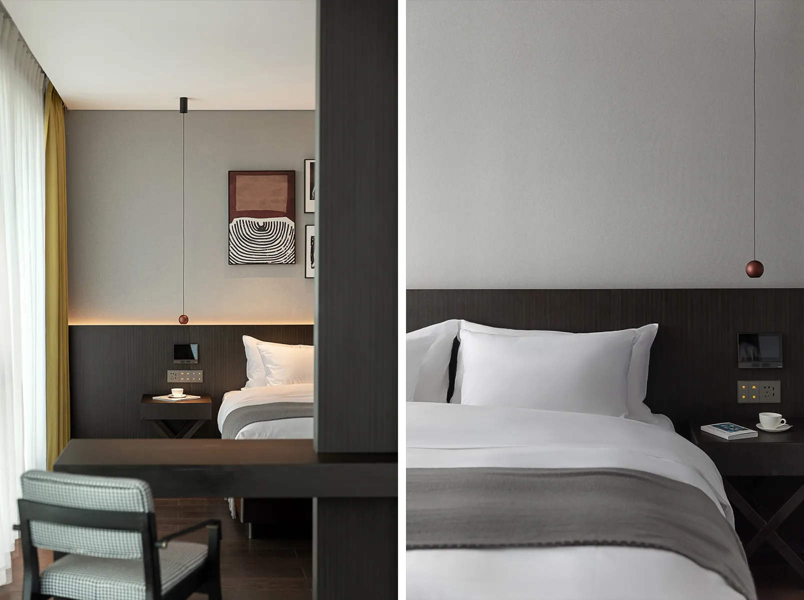 A modern bedroom featuring a luxury white bed with dark wood accents and a minimalist design.
